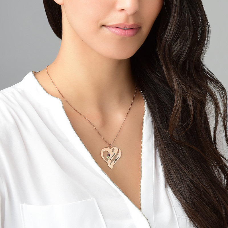 Intertwined Hearts Pendant Necklace with Birthstones in Rose Gold Plating - 5