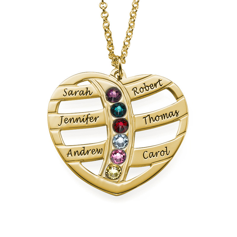 Engraved Gold Heart Necklace with Birthstones