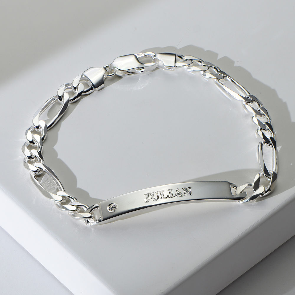 Men's Engraved Bracelet in Sterling Silver with Diamond - 1