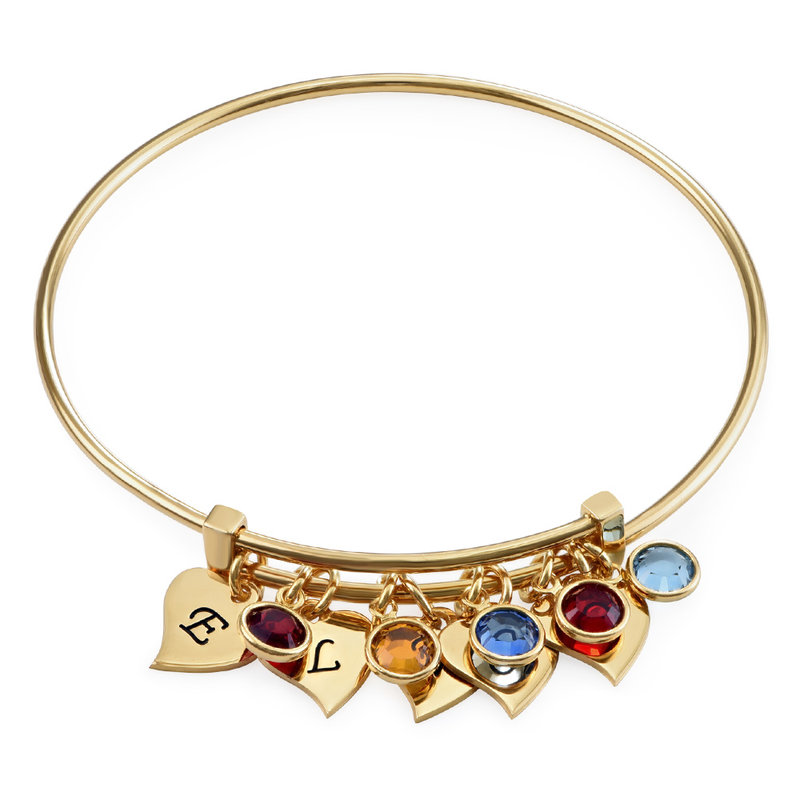 Personalized Bangle with Initial Charms and Birthstones in Gold Plating