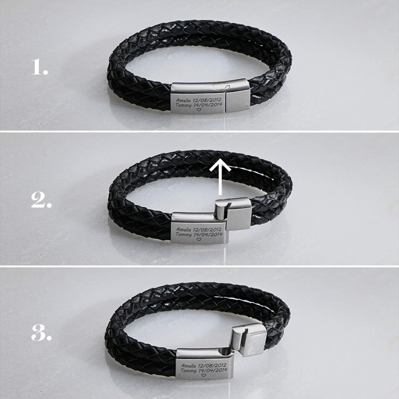 Custom Bracelet for Men in Stainless Steel and Black Leather - 3 product photo