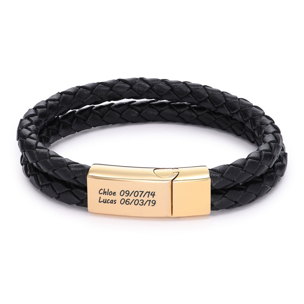 Custom Bracelet for Men in Stainless Steel and Black Leather Gold Plating