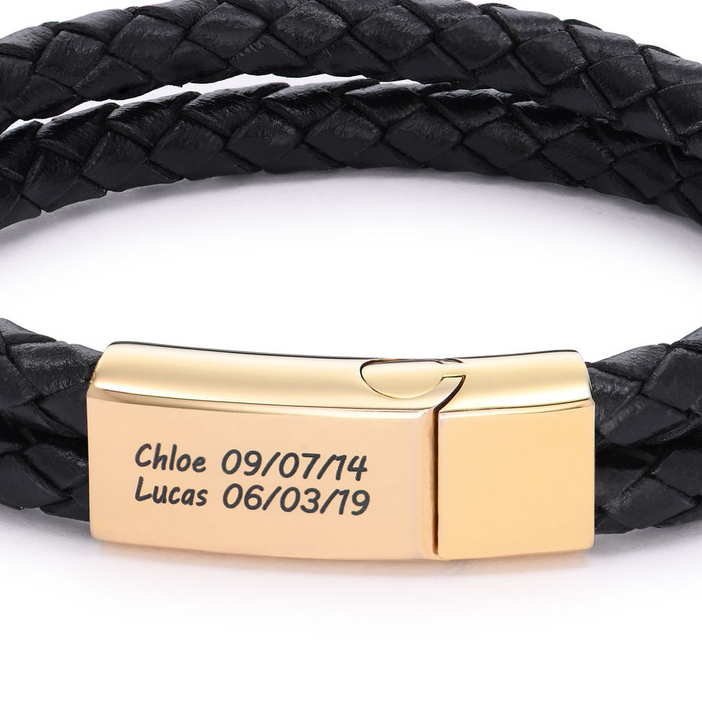 Custom Bracelet for Men in Stainless Steel and Black Leather Gold Plating - 1