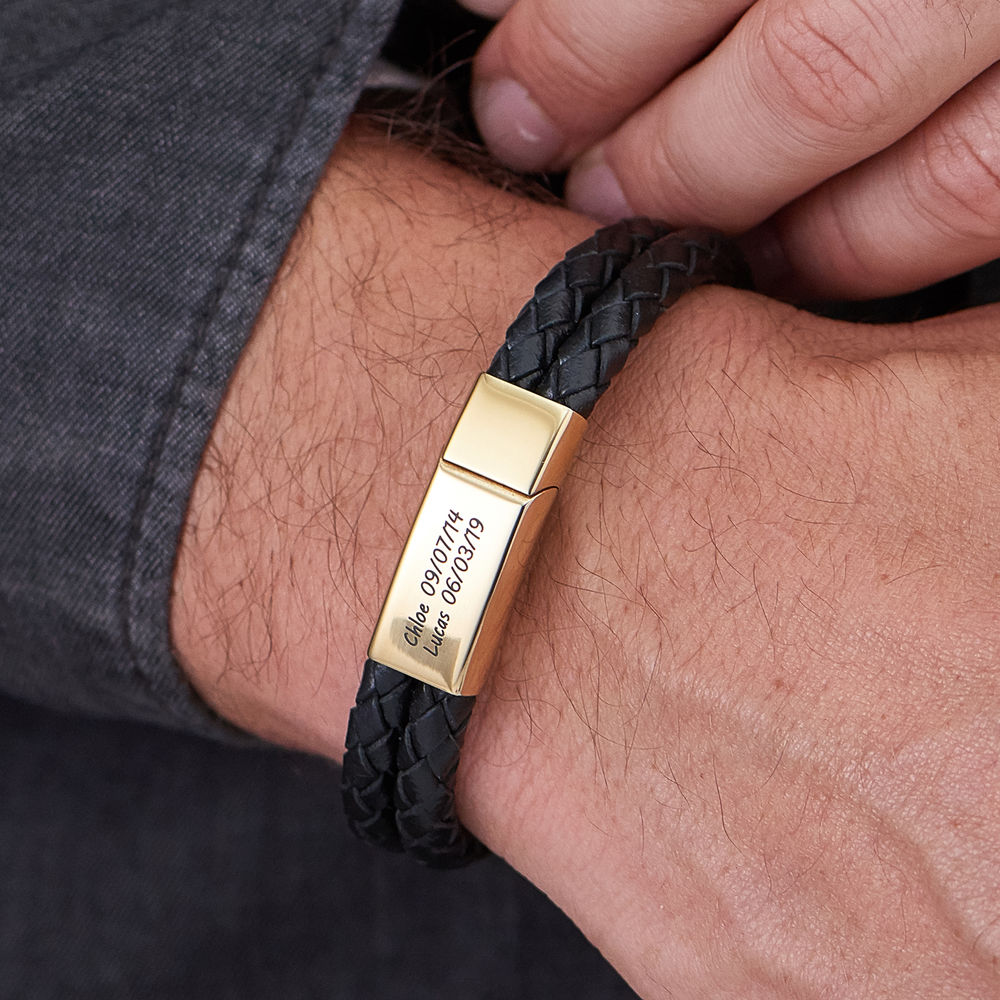 Custom Bracelet for Men in Stainless Steel and Black Leather Gold Plating - 2
