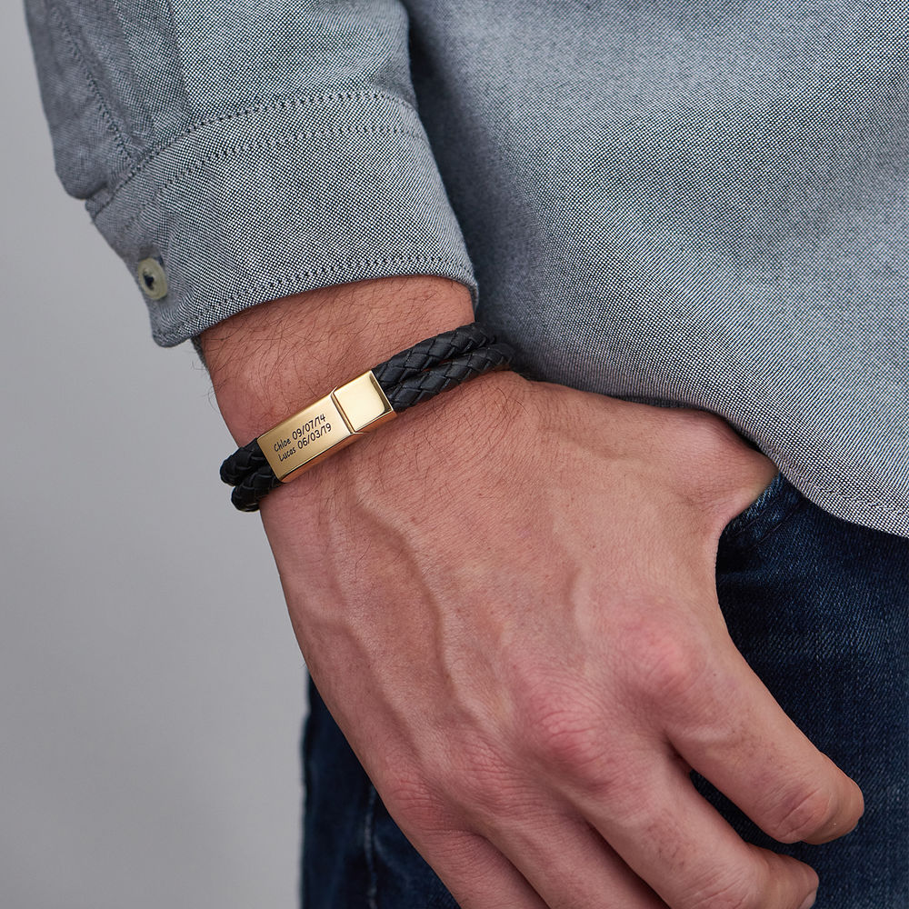 Custom Bracelet for Men in Stainless Steel and Black Leather Gold Plating - 3