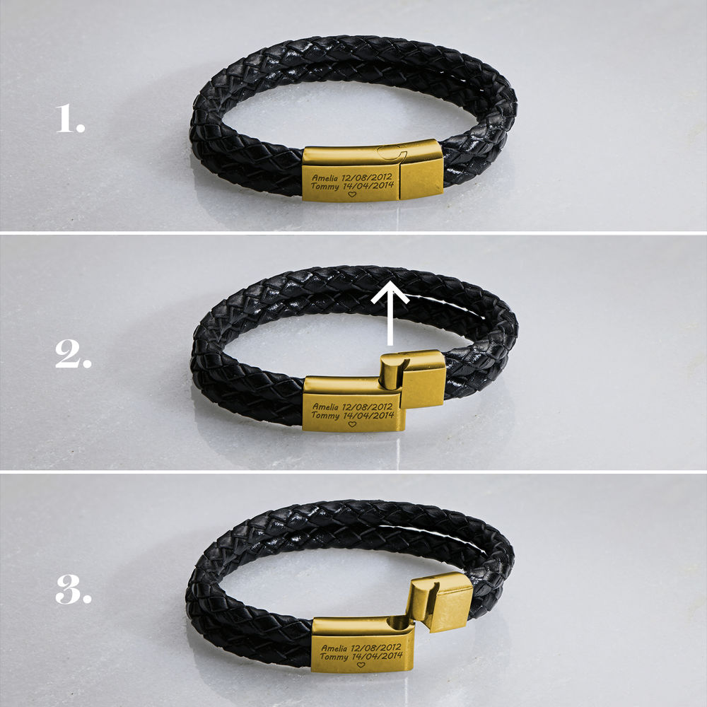 Custom Bracelet for Men in Stainless Steel and Black Leather Gold Plating - 4