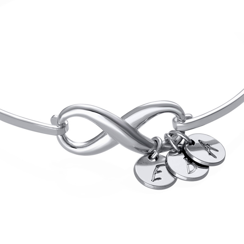 Infinity Bangle Bracelet with Initial Charms in Silver - 1