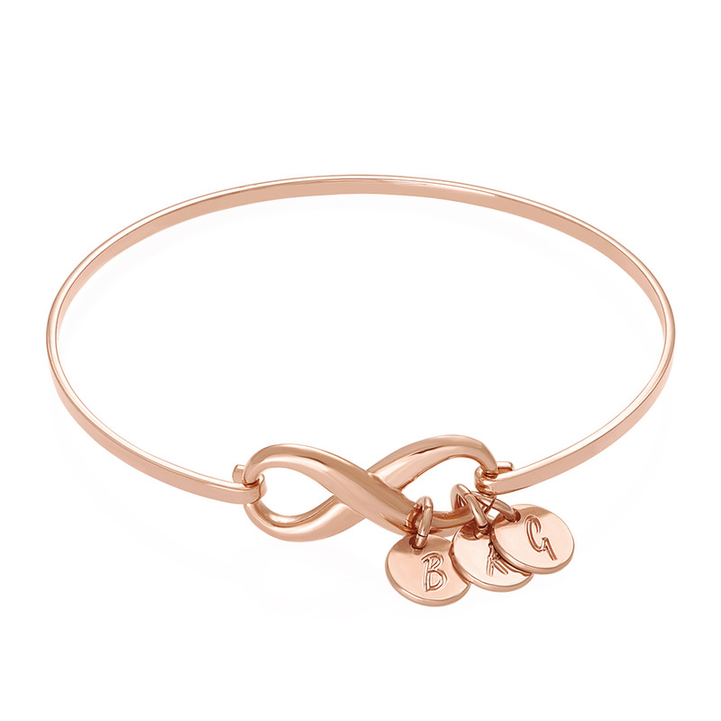 Infinity Bangle Bracelet with Initial Charms in Rose Gold Plating