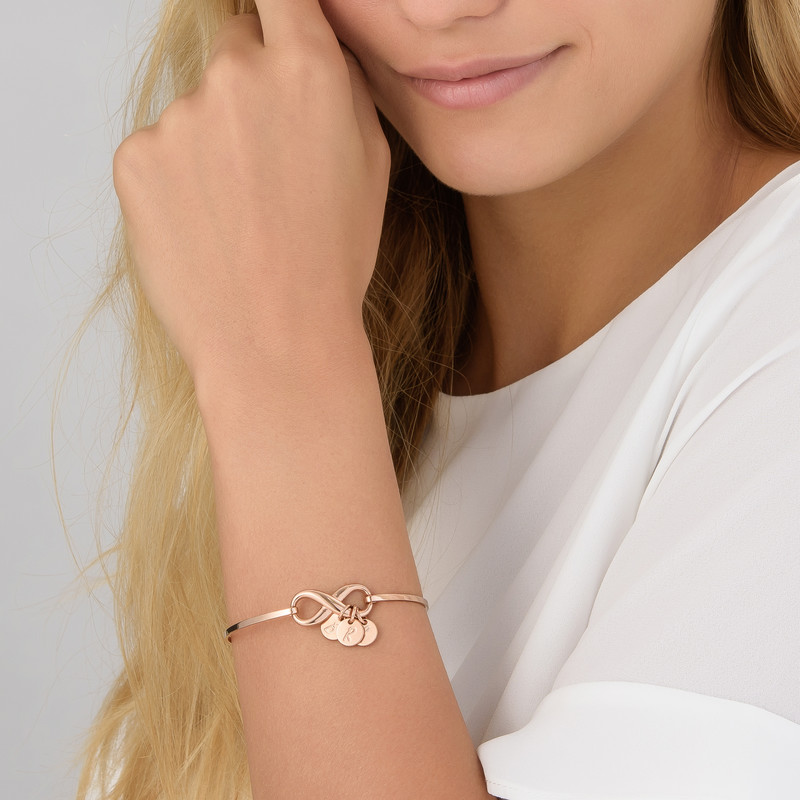 Infinity Bangle Bracelet with Initial Charms in Rose Gold Plating - 3