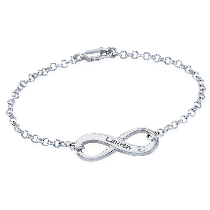 Engraved Infinity Bracelet with Diamond in Sterling Silver