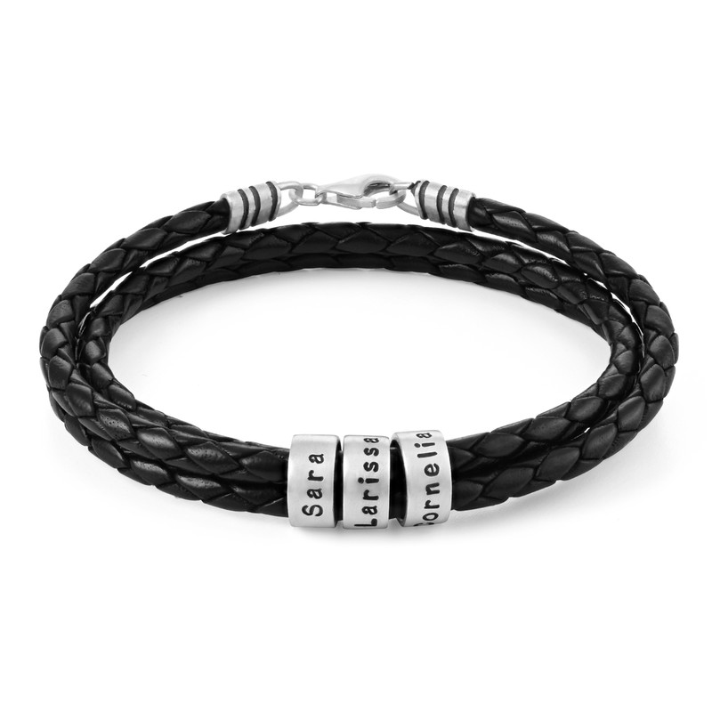 Leather Bracelet for men with Small Custom Beads in Silver - 1 product photo