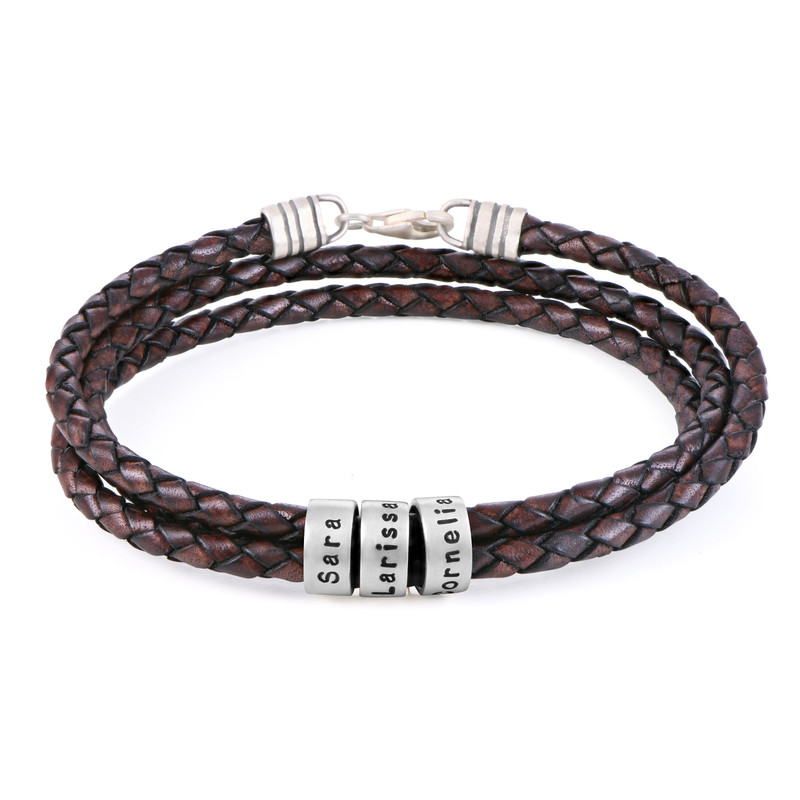Brown Leather Bracelet for Men with Small Custom Beads in Silver - 1
