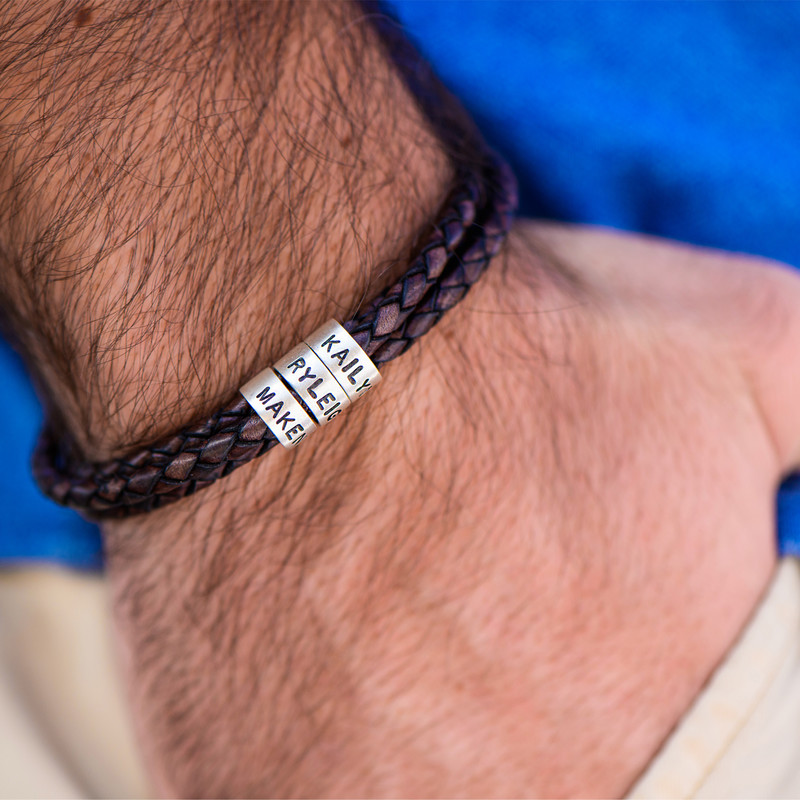 Brown Leather Bracelet for Men with Small Custom Beads in Silver - 2