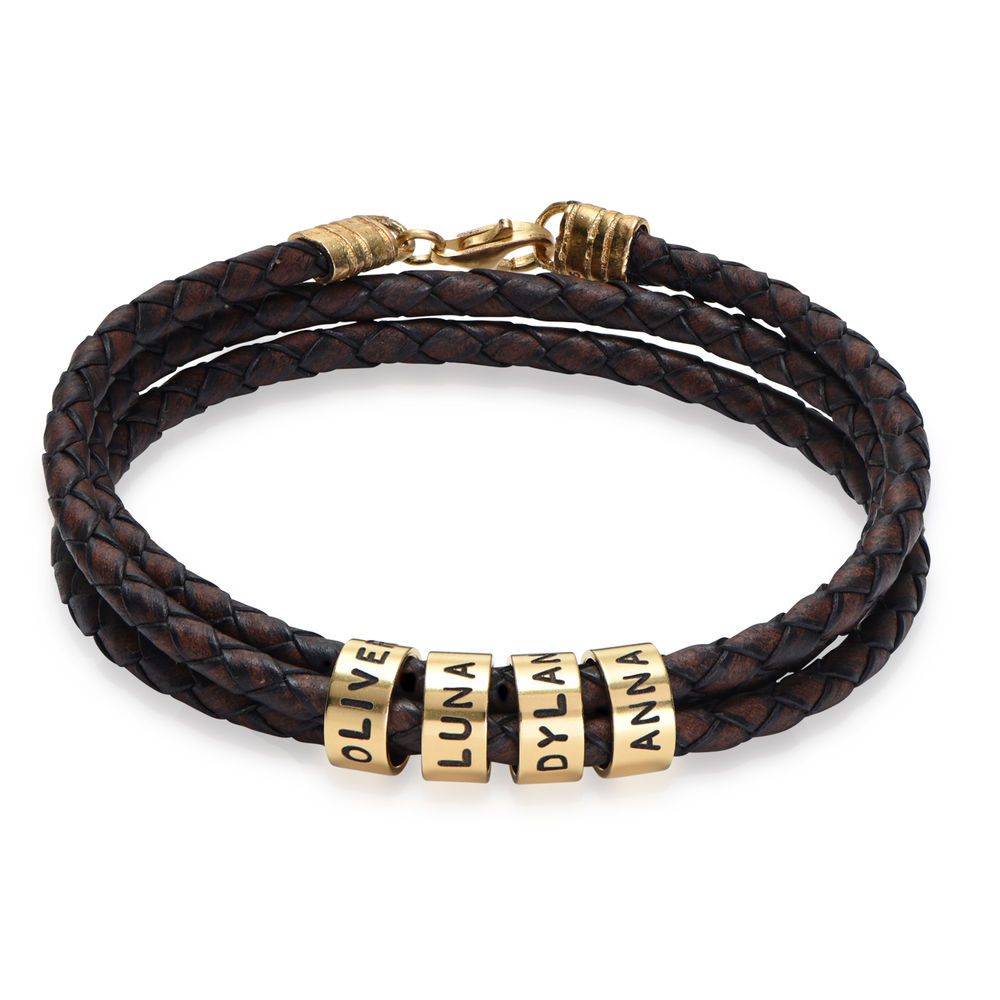 Brown Leather Bracelet for Men with Small Custom Beads in Silver 18k Gold Vermeil