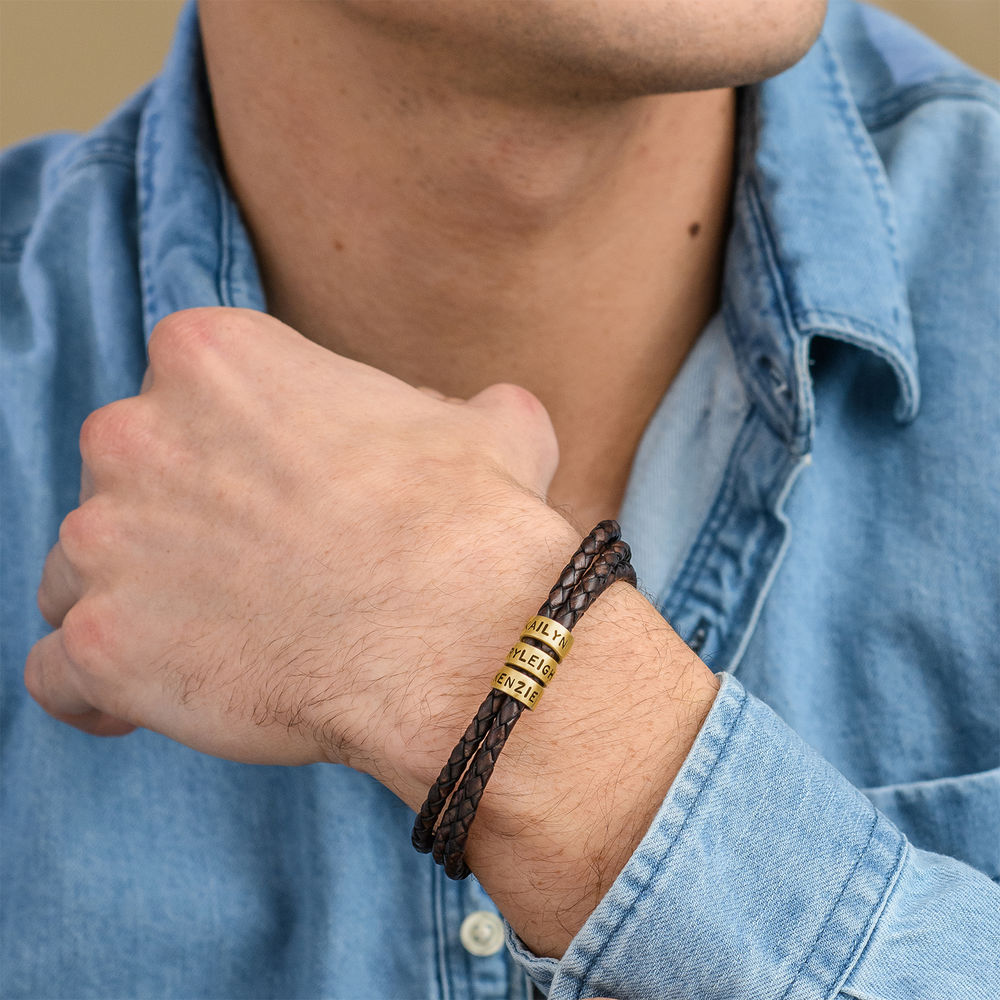 Brown Leather Bracelet for Men with Small Custom Beads in Silver 18k Gold Vermeil - 1