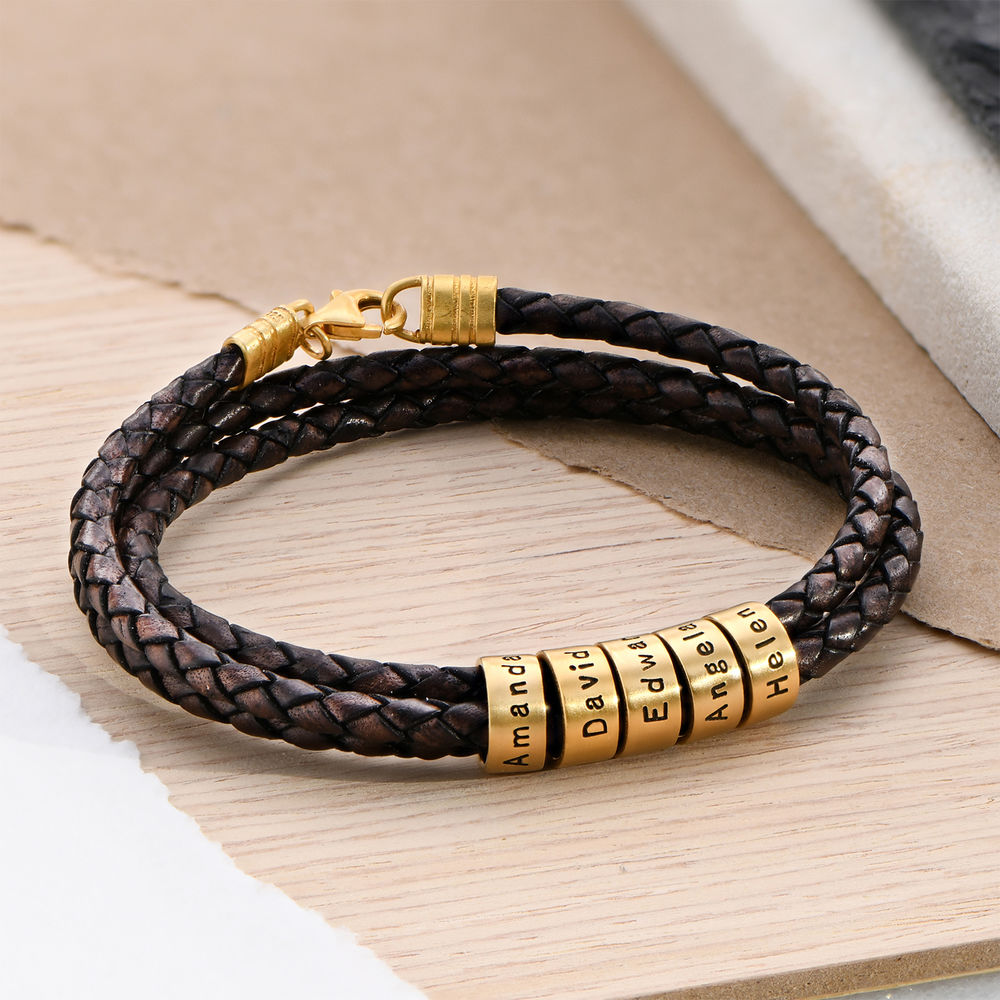 Brown Leather Bracelet for Men with Small Custom Beads in Silver 18k Gold Vermeil - 2 product photo