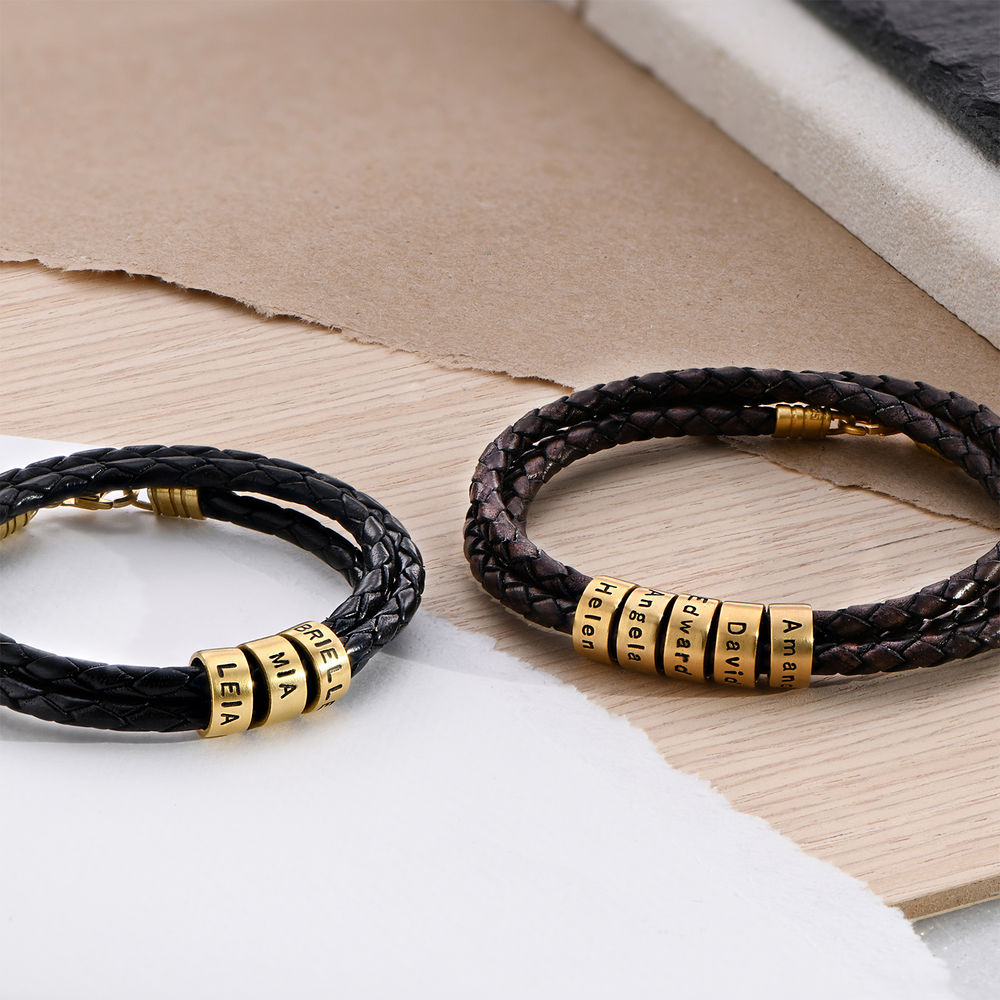 Brown Leather Bracelet for Men with Small Custom Beads in Silver 18k Gold Vermeil - 3 product photo