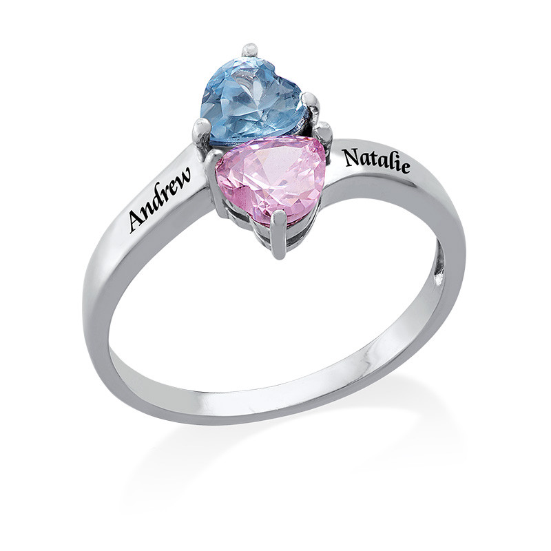 Two Birthstone Ring for Mom with Engraving in Silver