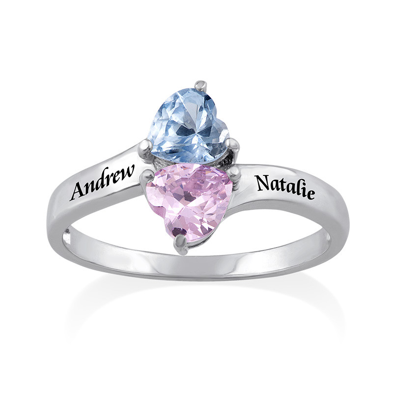 Two Birthstone Ring for Mom with Engraving in Silver - 1