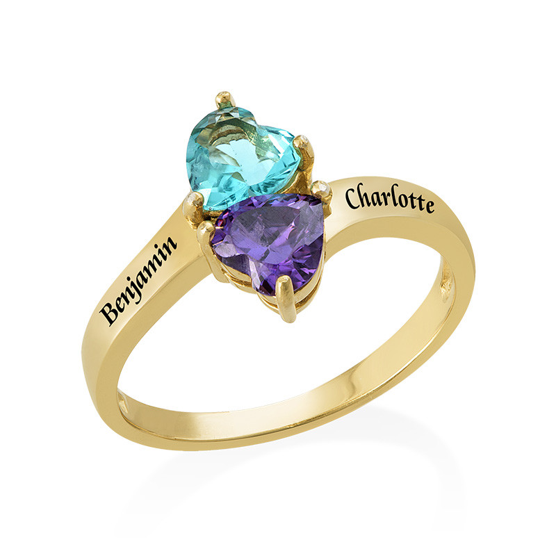 Two Birthstone Ring for Mom with Engraving in Gold Plating
