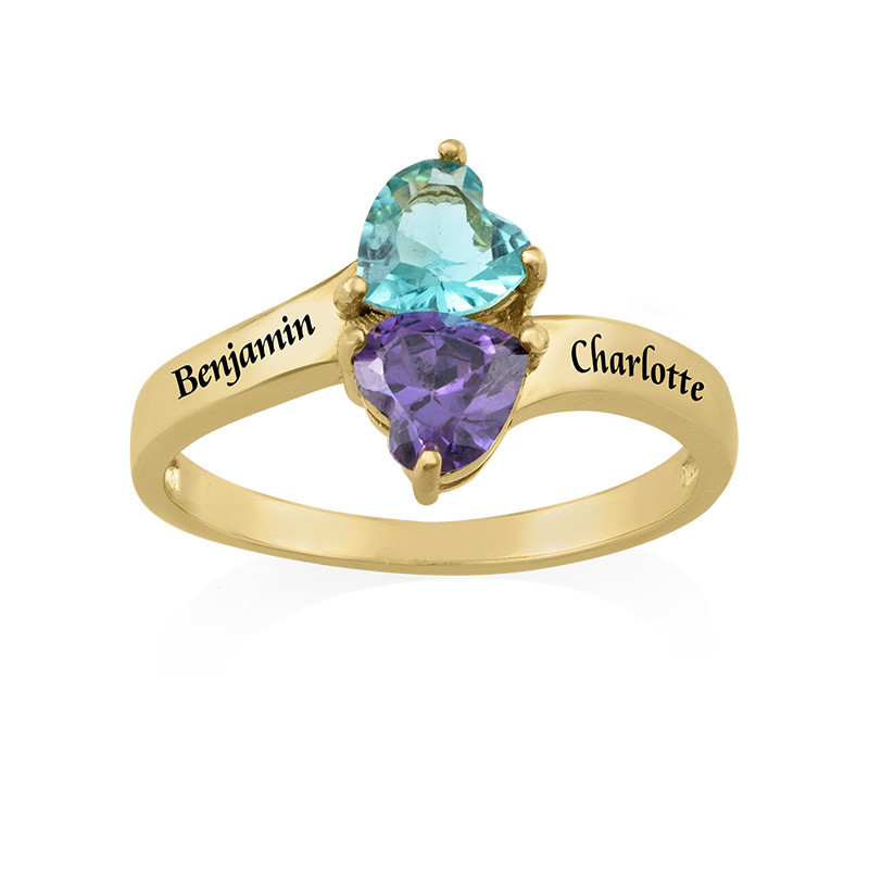 Two Birthstone Ring for Mom with Engraving in Gold Plating - 1