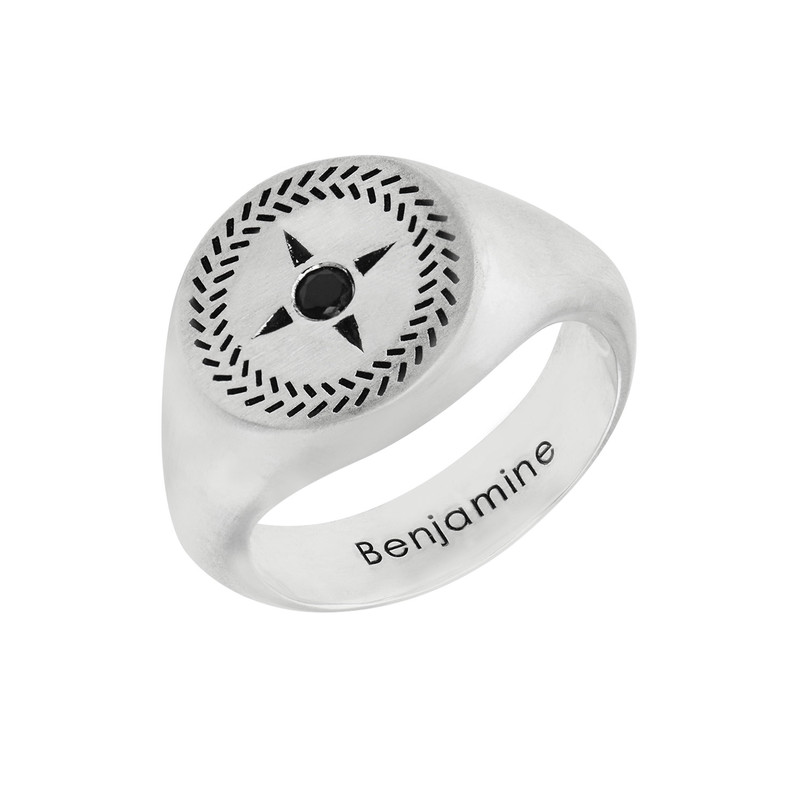 Custom Compass Round Signet Ring in Silver for Men