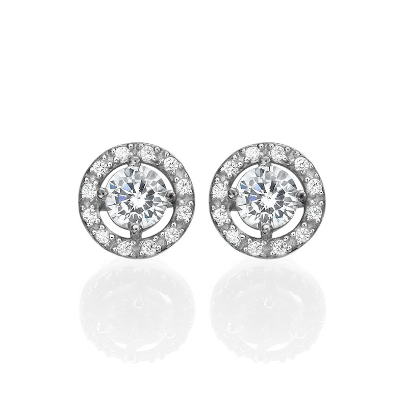 Sterling Silver Round Stud Earrings with Cubic Zirconia - 1