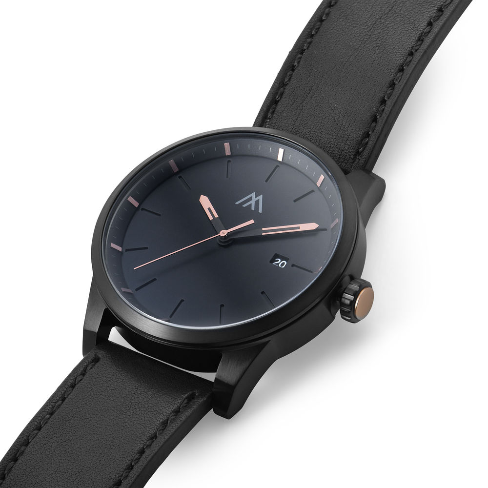 Odysseus Day Date Minimalist Leather Strap Watch in Black - 1