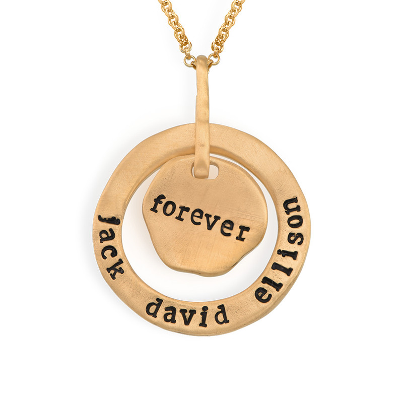 Stamped Family Pendant Necklace with Names Engraved in Gold Plating