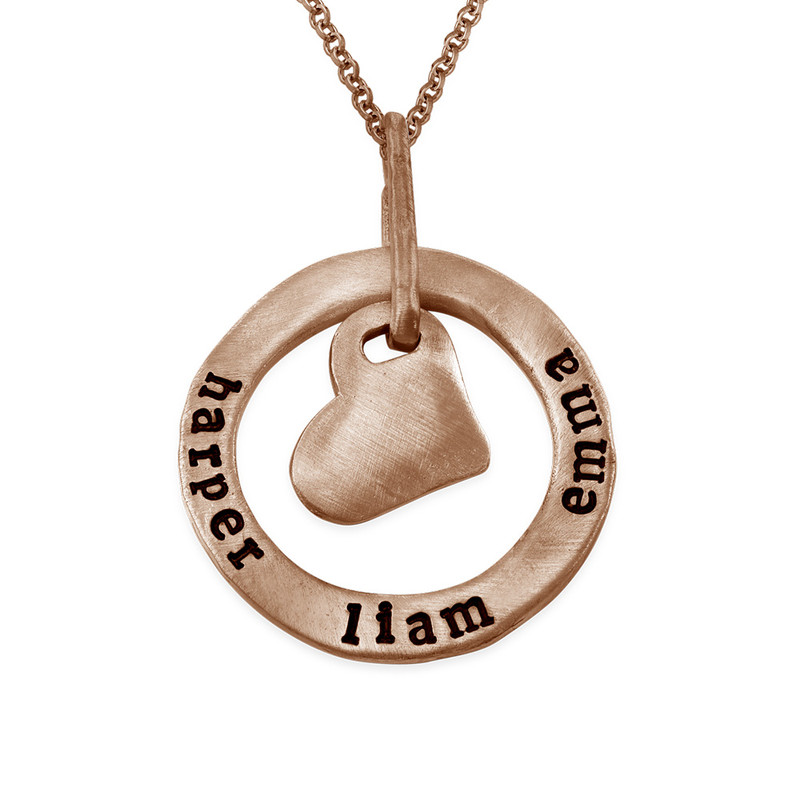 Stamped Circle Heart Pendant Necklace in Rose Gold Plating