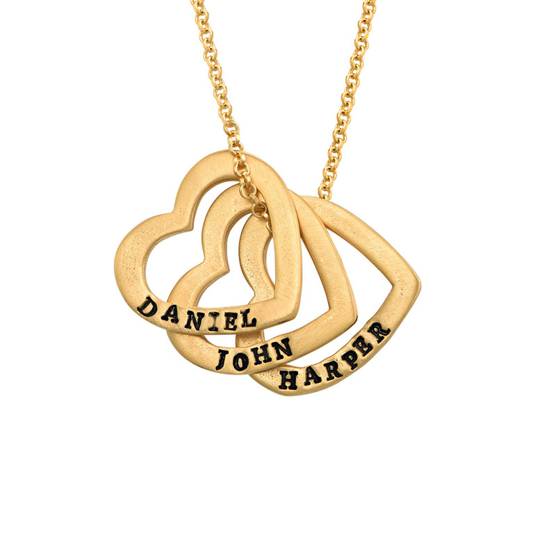 Hand Stamped Heart Necklace with Names in Gold Plating