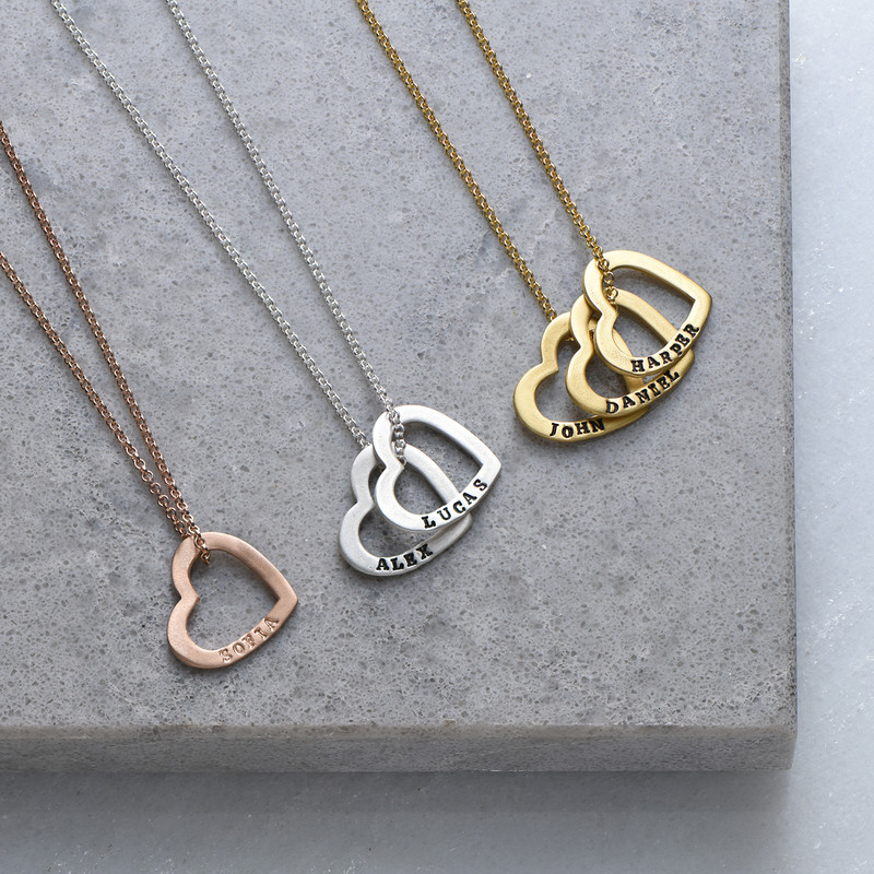 Hand Stamped Heart Necklace with Names in Rose Gold Plating - 1 product photo