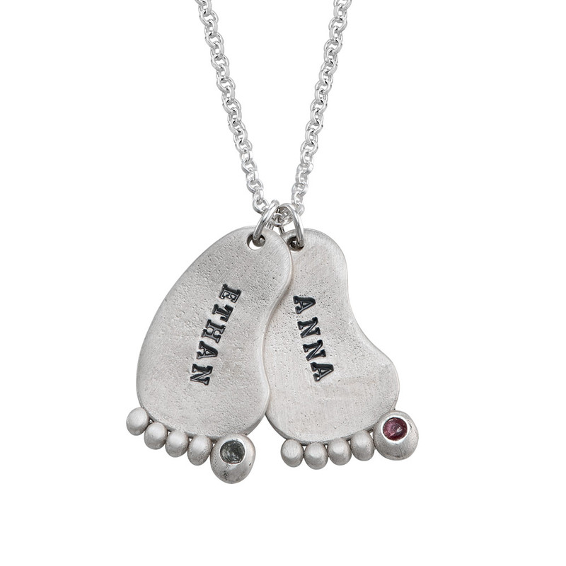 Stamped Baby Feet Sterling Silver Necklace With Birthstone