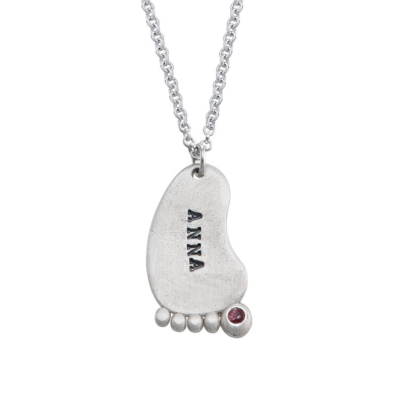 Stamped Baby Feet Sterling Silver Necklace With Birthstone - 1