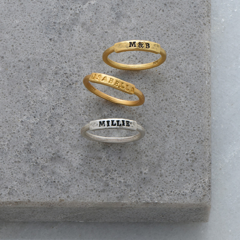 Hand Stamped Stackable Name Ring in Gold Plating - 6