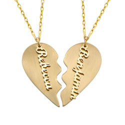 Couple Broken Heart Necklace in 10k Yellow Gold Personalized with 2 names product photo