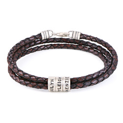 Brown Leather Bracelet for Men with Small Custom Beads in Silver product photo