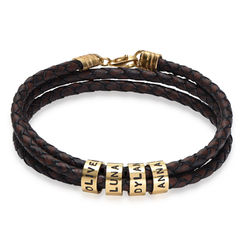 Brown Leather Bracelet for Men with Small Custom Beads in Silver 18k Gold Vermeil product photo